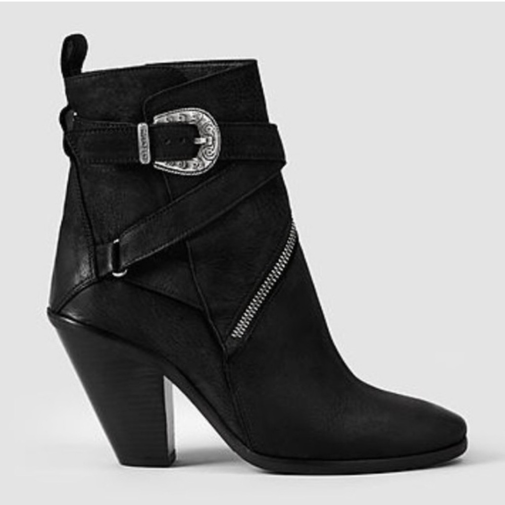 AllSaints TEJUS Ladies Black Leather Buckle Western Ankle